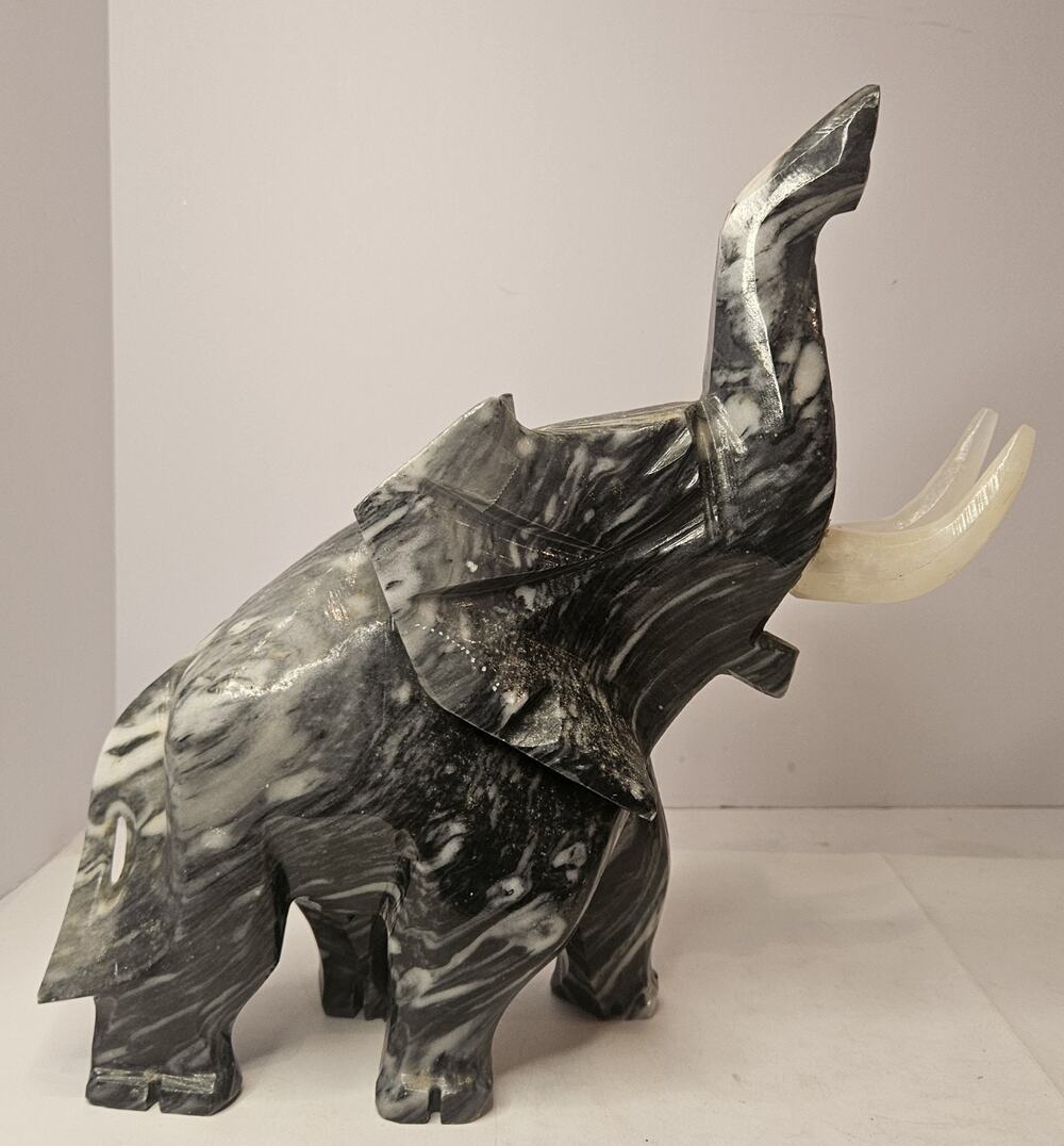 Vintage Hand Carved Grey/White Onyx Marble Elephant Figurine Trunk Up HEAVY